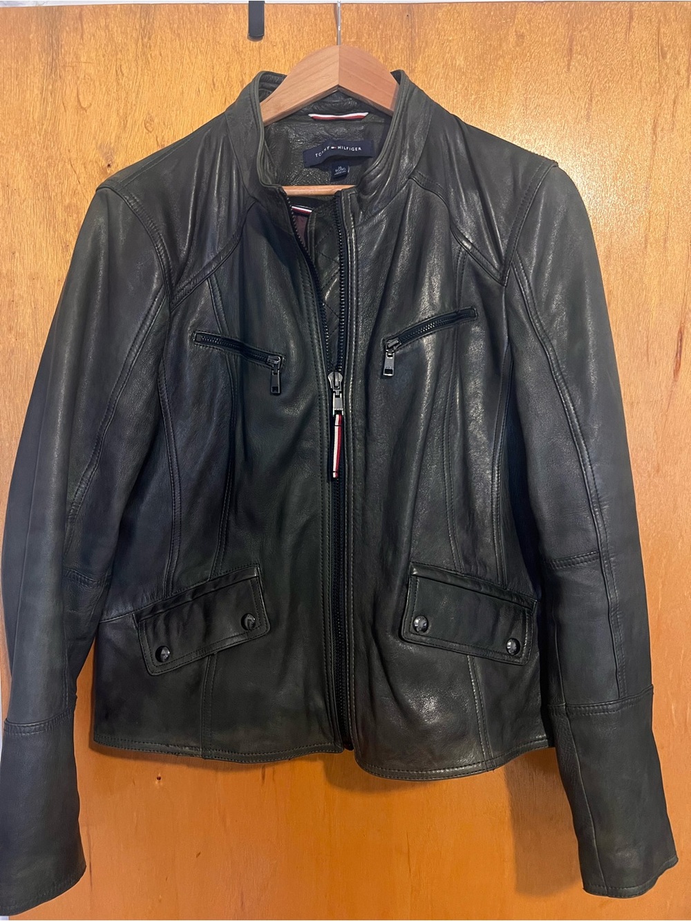 Tommy Hilfiger Black Leather Moto Jacket with Zip Pockets
